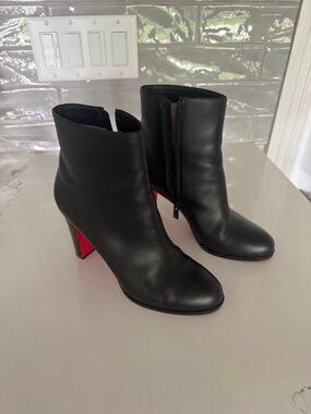 Chistian Louboutin Black Leather Ankle Boots with Red Heel
